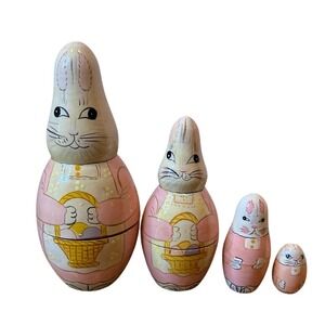 Vintage Matryoshika Nesting Bunny Dolls Set of‎ 4 Easter Pink Cream